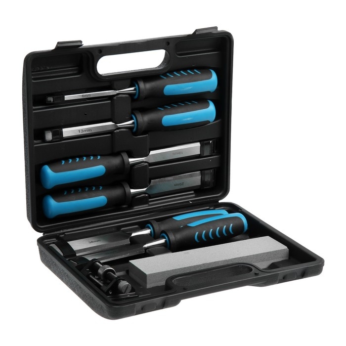 Набор стамесок ТУНДРА, 2К рукоятки, 45 сталь, 6 - 38 мм, с набором для заточки, кейс, 6 шт.   960445 Набор стамесок ТУНДРА, 2К рукоятки, 45 сталь, 6 - 38 мм, с набором для заточки, кейс, 6 шт.   960445