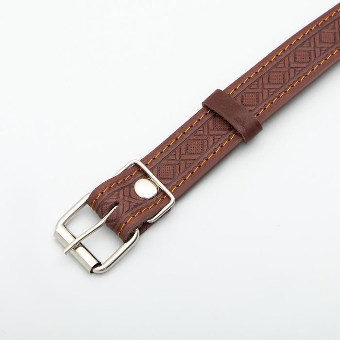 Ошейник кожаный тисненый однослойный с табличкой, 60 х 3 см, ОШ 45-57 см, коричневый