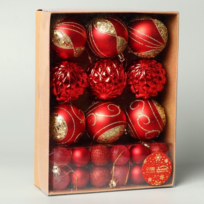 Набор шаров пластик d-2,5 и 5,5 см, 33 шт Набор шаров пластик d-2,5 и 5,5 см, 33 шт "Хоровод" красный