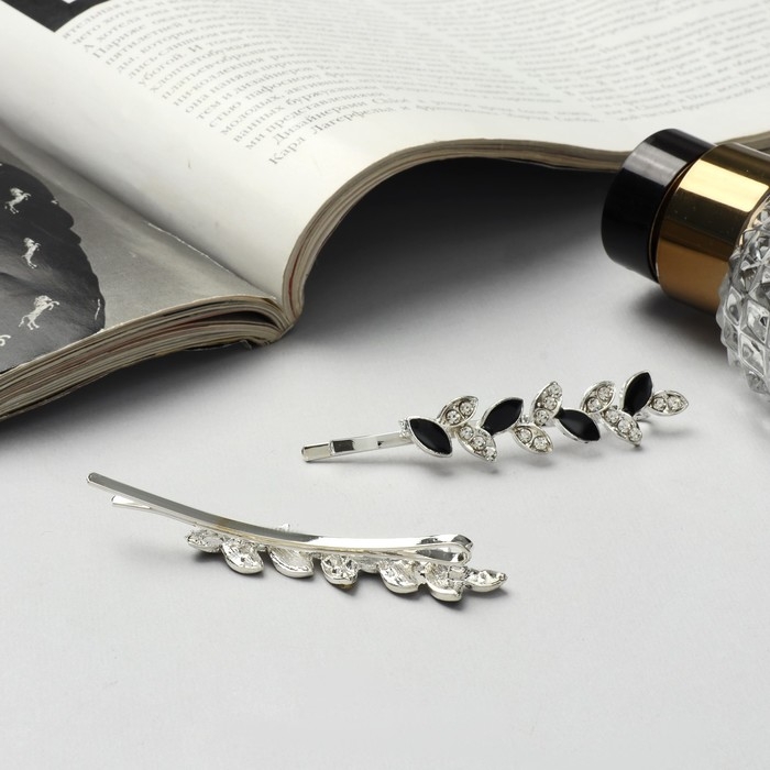 Невидимка для волос  Невидимка для волос "Аннабелль" (набор 2 шт) лепесток чёрный, 6,5 см, серебро