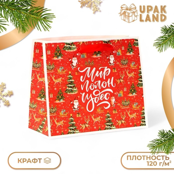 Новый год. Пакет подарочный новогодний бумажный,  Новый год. Пакет подарочный новогодний бумажный, "Мир полон чудес", 24 х 20 х 11 см.