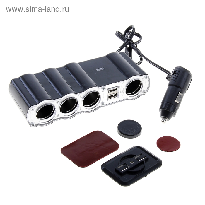 Разветвитель прикуривателя, 4 гнезда, 2 USB 1 А, 60 Вт, 12/24 В, провод 60 см Разветвитель прикуривателя, 4 гнезда, 2 USB 1 А, 60 Вт, 12/24 В, провод 60 см