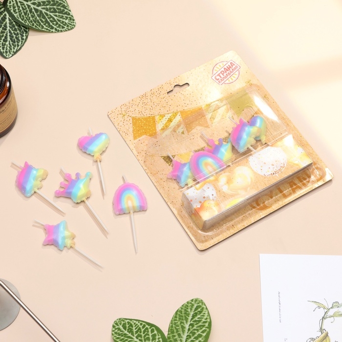 Набор свечей для торта, 5 шт  Набор свечей для торта, 5 шт "Детская радужная вечеринка", разноцветные