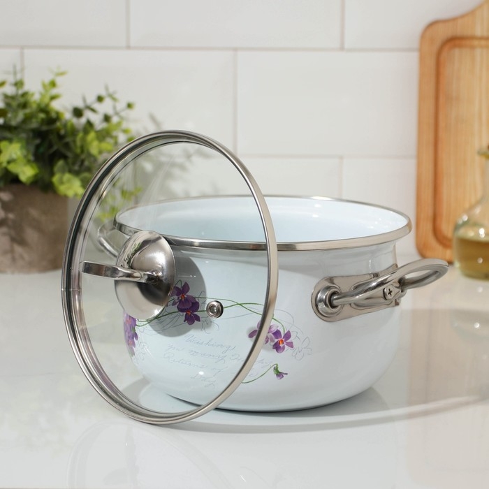 Кастрюля эмалированная «Сирень», 2,1 л, стеклянная крышка, индукция Кастрюля эмалированная «Сирень», 2,1 л, стеклянная крышка, индукция