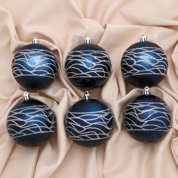 Набор шаров пластик d-8 см, 6 шт Набор шаров пластик d-8 см, 6 шт "Адель волны" серебристо-синий