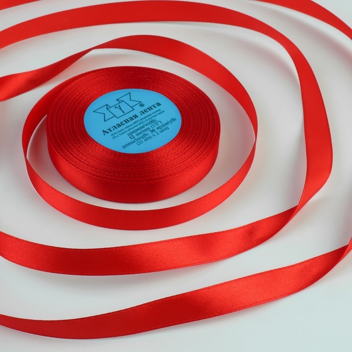 Лента атласная, 12 мм × 33 ± 2 м, цвет красный №026 Лента атласная, 12 мм × 33 ± 2 м, цвет красный №026