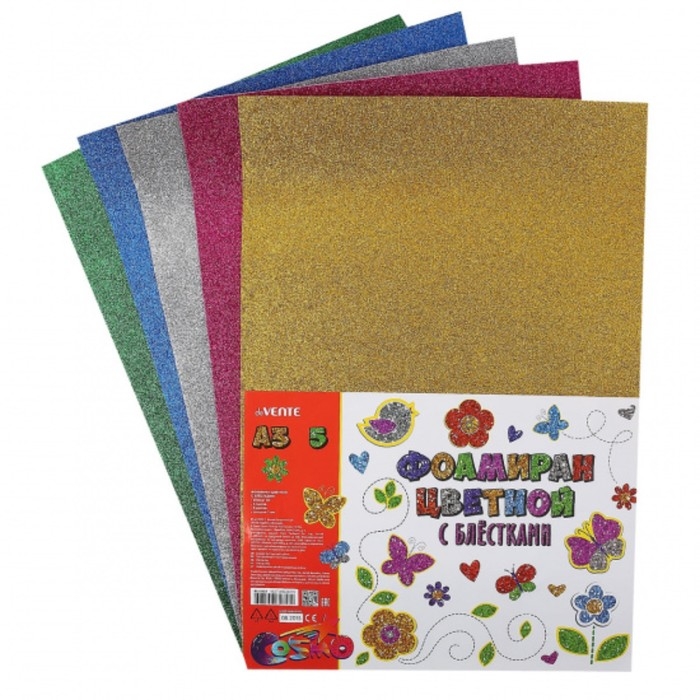 Фоамиран цветной с блёстками А3 2 мм, 5 листов, 5 цветов, deVENTE Фоамиран цветной с блёстками А3 2 мм, 5 листов, 5 цветов, deVENTE