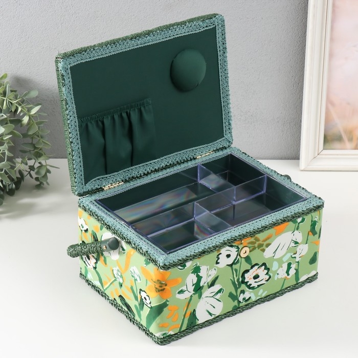 Шкатулка для рукоделия "Летние цветы на зелёном" 19х26х14,5 см