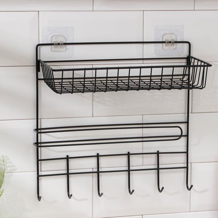 Полка с держателем для полотенец Доляна, 6 крючков, цвет чёрный Полка с держателем для полотенец Доляна, 6 крючков, цвет чёрный