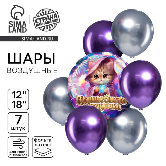 Набор воздушных шаров Набор воздушных шаров "Волшебного праздника", кот, колография, 7 шт.