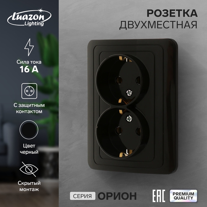 Розетка двухместная Luazon Lighting  Розетка двухместная Luazon Lighting "Орион", 16 А, скрытая, с з/к, черная