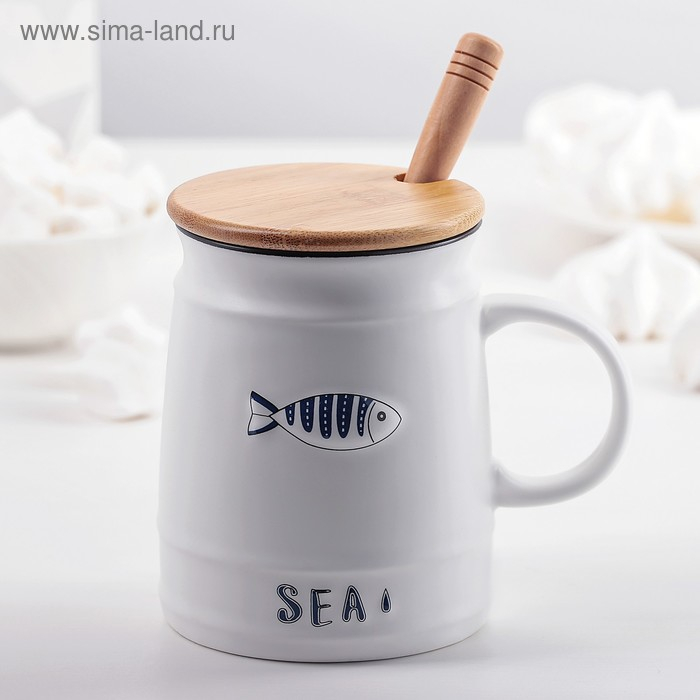 Кружка керамическая с деревянной крышкой и ложкой «Морская», 400 мл, рисунок МИКС Кружка керамическая с деревянной крышкой и ложкой «Морская», 400 мл, рисунок МИКС