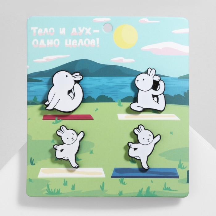 Набор значков (4 шт.) «Зайчики» йога, цвет белый в чёрном металле Набор значков (4 шт.) «Зайчики» йога, цвет белый в чёрном металле