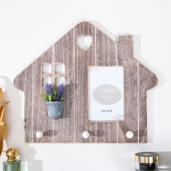 Крючки декоративные дерево+фоторамка 10х15 см Крючки декоративные дерево+фоторамка 10х15 см "Домик с лавандой на окне" 38х0,9х32 см