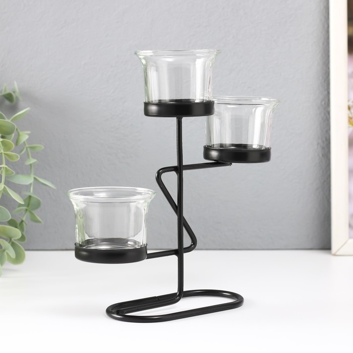 Подсвечник металл, стекло на 3 свечи Подсвечник металл, стекло на 3 свечи "Кривая линия" d=2-5 см чёрный 16х6х18,5 см