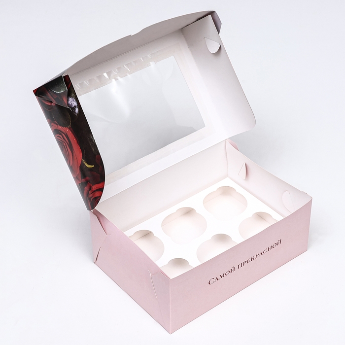 Коробка для 6 капкейков с окном , Коробка для 6 капкейков с окном , "Розы", 25 х 17 х 10 см