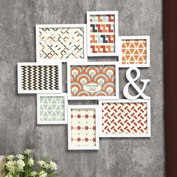 Фоторамка пластик на 8 фото 10х10, 10х15, 13х18 см  Фоторамка пластик на 8 фото 10х10, 10х15, 13х18 см "&" белая 50,5х51,5х2 см