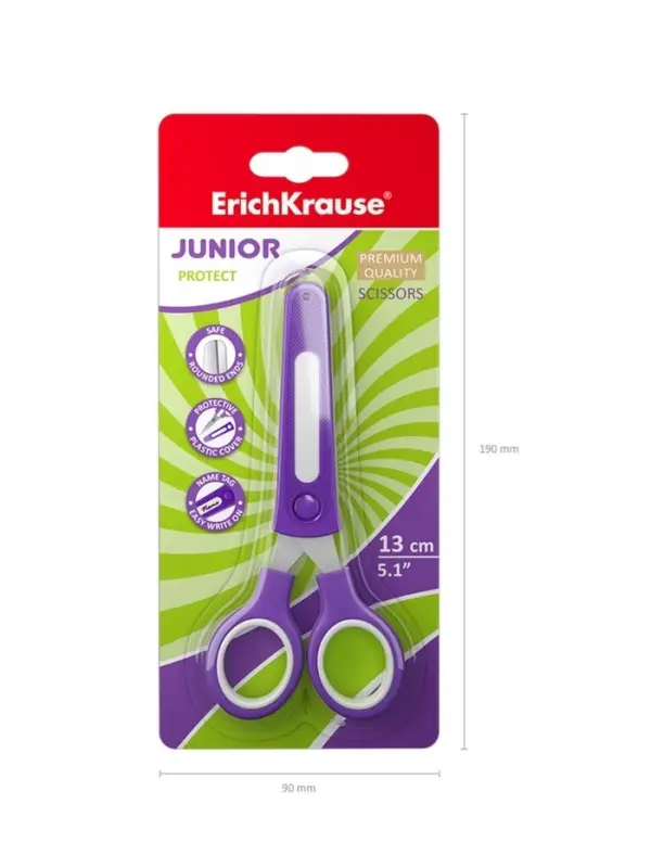Ножницы детские ErichKrause Junior Protect, 13 см, с пластиковым чехлом и именным стикером, в блистере, МИКС