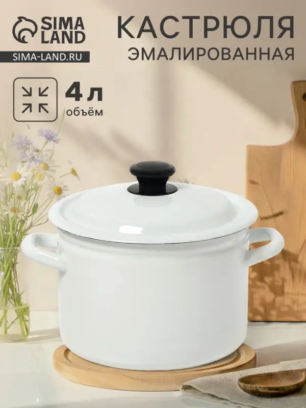 Кастрюля эмалированная, 4 л, d=21.3 см, с крышкой, без декора, белая