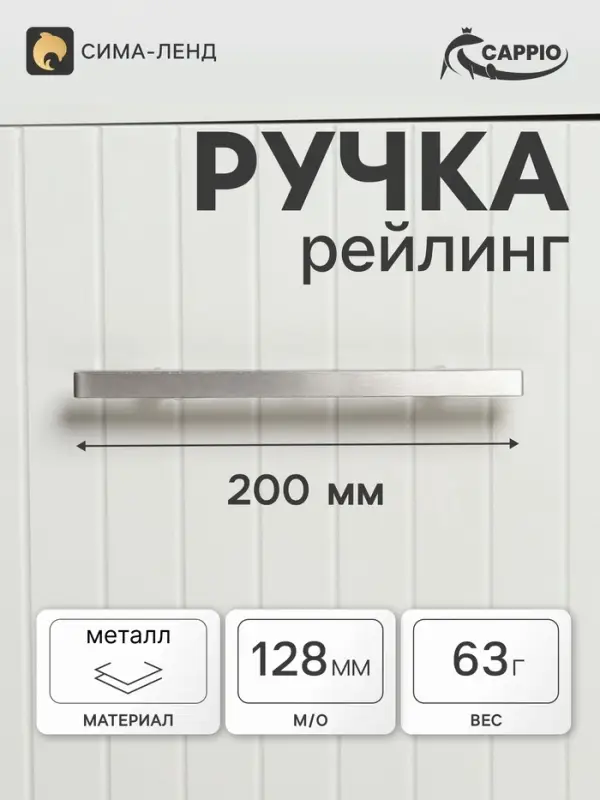 Ручка-рейлинг квадрат CAPPIO, м/о 128 мм, L=200 мм, нержавеющая сталь