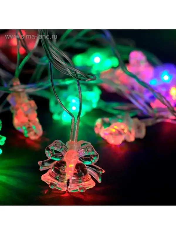 Гирлянда &laquo;Нить&raquo; 5 м с насадками &laquo;Два колокольчика&raquo;, IP20, прозрачная нить, 20 LED, свечение мульти (RG/RB), мигание, 220 В