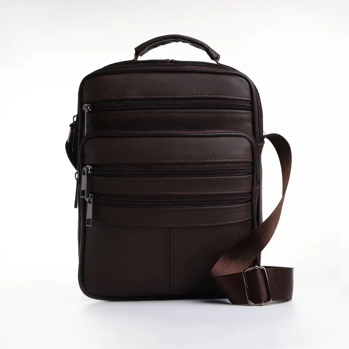 Сумка кросс-боди мужская на молнии, 5 наружных карманов, с ручкой, длинный ремень, 19&times;8.5&times;25 см, коричневая