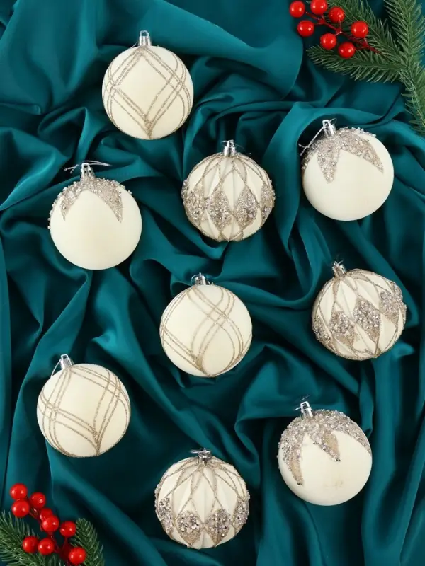 Набор шаров пластик d-8 см, 9 шт Набор шаров пластик d-8 см, 9 шт "Бархат. Фестиваль" сияние, белый