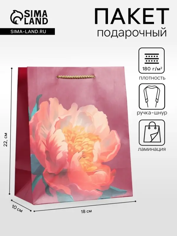 Пакет подарочный ламинированный &laquo;Пион&raquo;, бордовый, 18&times;22.3&times;10 см