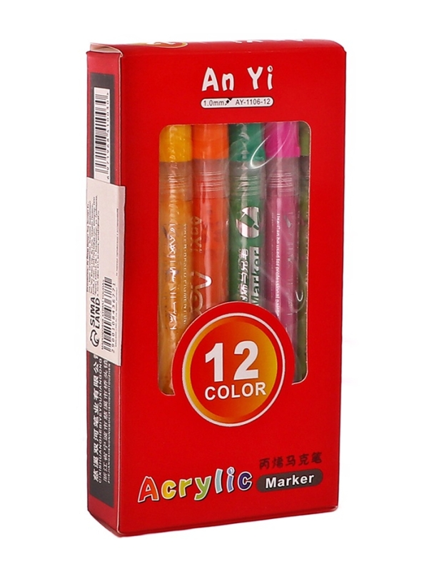 Набор акриловых маркеров 12 штук, пулевидный наконечник 2мм, толщина линии от 1мм Набор акриловых маркеров 12 штук, пулевидный наконечник 2мм, толщина линии от 1мм