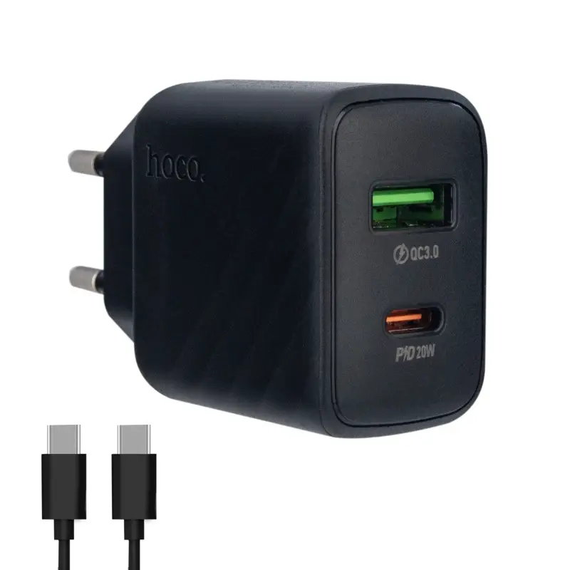 Сетевое зарядное устройство с кабелем Type-C на Type-C PD20W + USB QC3.0 CS25A  HOCO черное