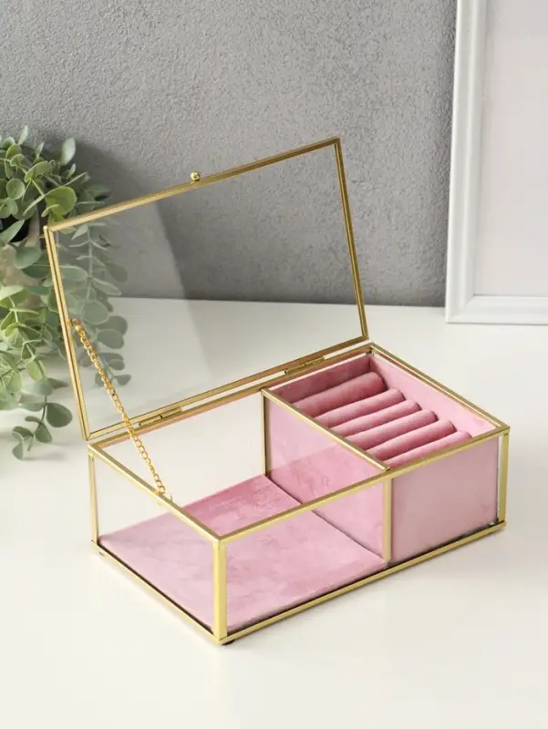 Шкатулка стекло с металлическим каркасом "Розовая" 2 отделения 22х14,5х7,5