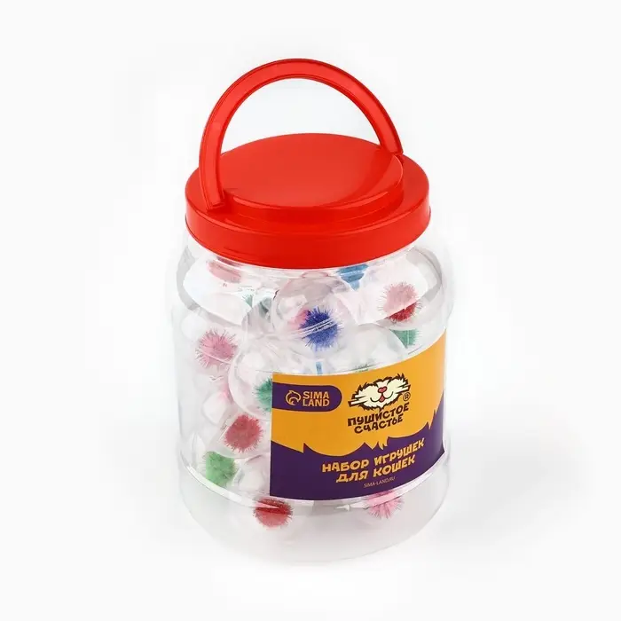 Шарик для кошек с помпошкой, 4 см, фасовка в банку по 25 шт, МИКС Шарик для кошек с помпошкой, 4 см, фасовка в банку по 25 шт, МИКС