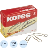 Скрепки KORES с отгибом,никелированные, 25 мм, негофрированные,100шт/уп