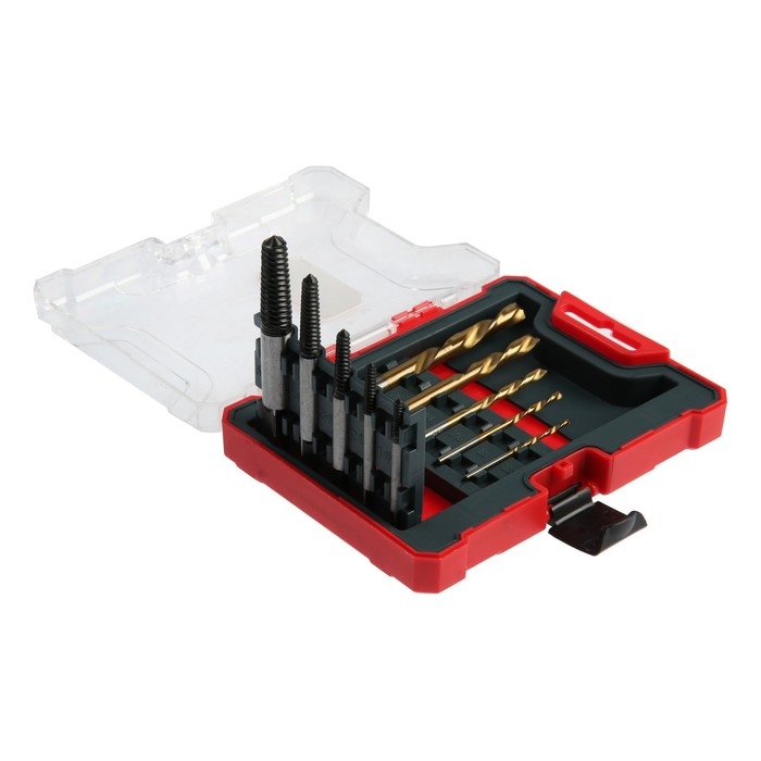 Набор экстракторов и сверл ТУНДРА, левая резьба, 45 сталь М1-М5, d=2.4-8 мм HSS, TIN Набор экстракторов и сверл ТУНДРА, левая резьба, 45 сталь М1-М5, d=2.4-8 мм HSS, TIN