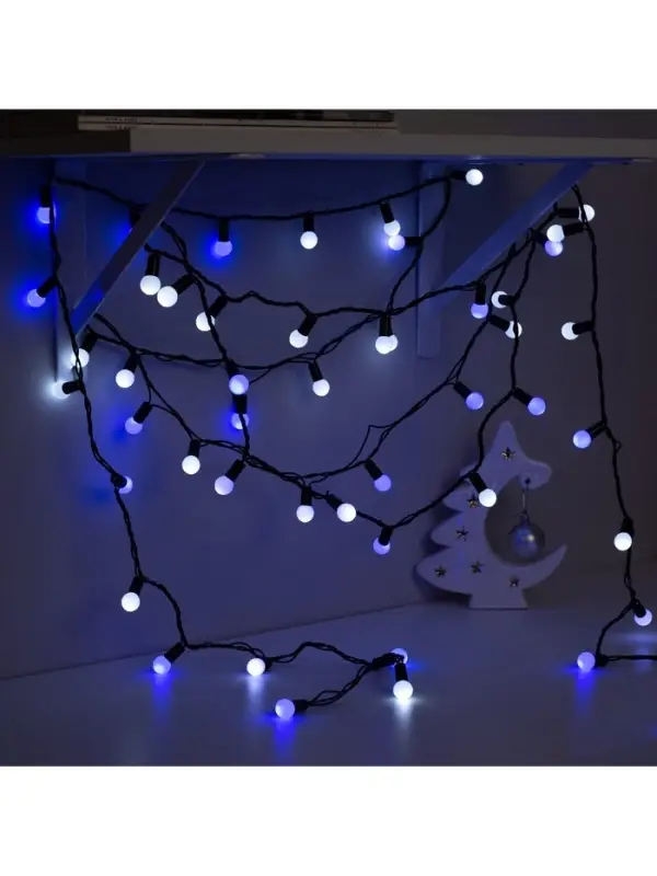 Гирлянда &laquo;Нить&raquo; 10 м с насадками &laquo;Шарики 1.5 см&raquo;, IP44, тёмная нить, 100 LED, свечение бело-синее, мигание, 220 В