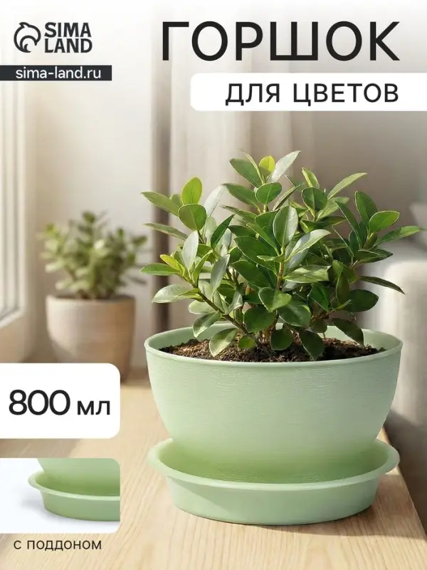 Горшок для цветов &laquo;Фиалочка&raquo;, 800 мл, d=14 см, h=8 см, пластиковый, зелёный