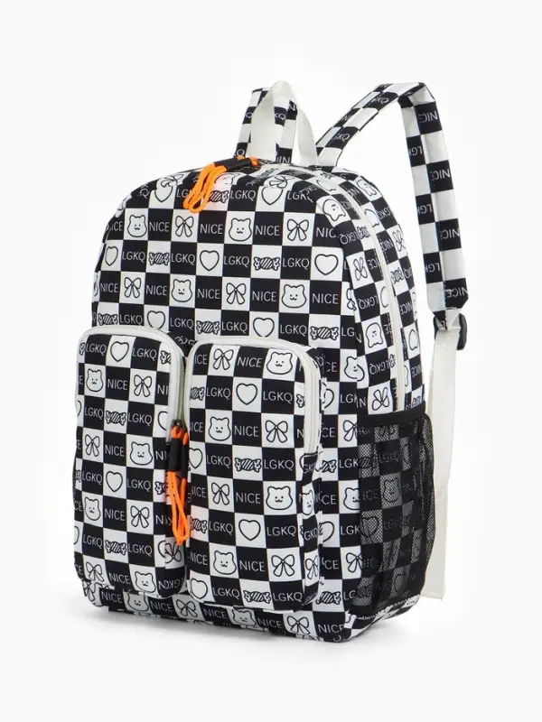 Рюкзак школьный на молнии, с карманами, в клетку, размер 30&times;14&times;43 см, чёрный