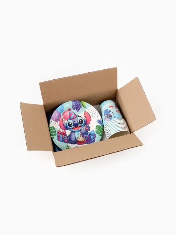 Посуда одноразовая бумажная на 10 персон: стаканы, тарелки, скатерть, Стич Посуда одноразовая бумажная на 10 персон: стаканы, тарелки, скатерть, Стич