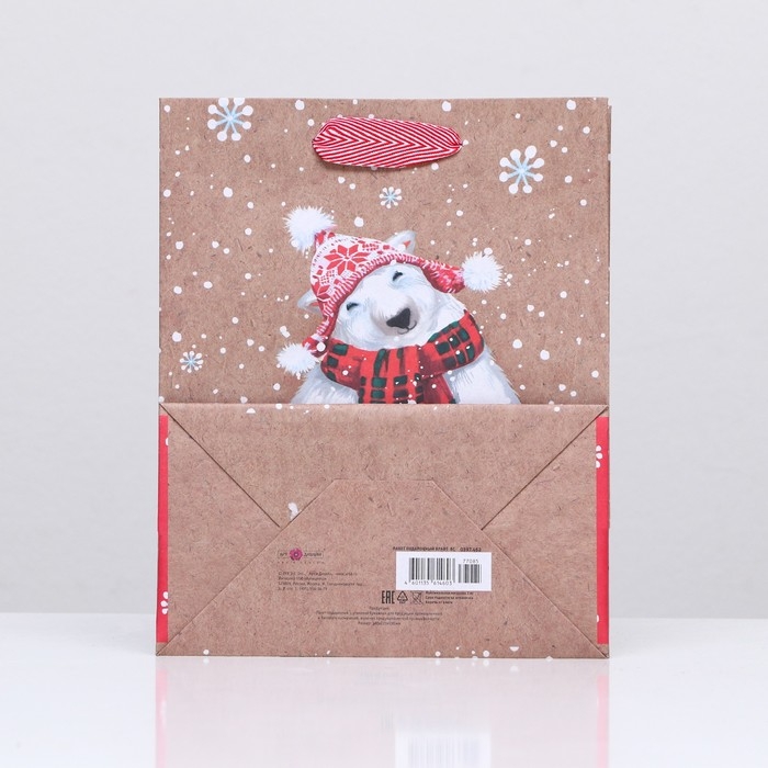 Пакет бумажный подарочный новогодний крафт Пакет бумажный подарочный новогодний крафт "Белый медведь" 18 х 22,3 х 10 см.