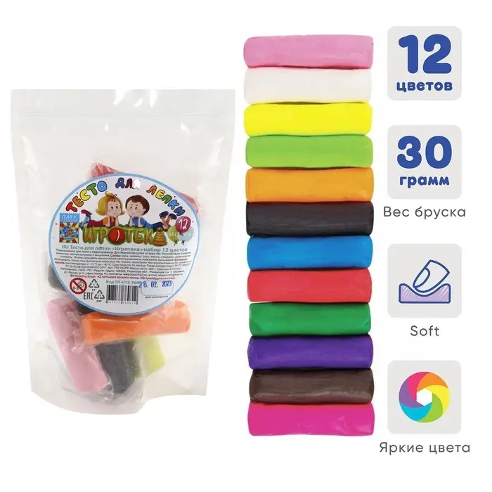 Тесто для лепки &laquo;Игротека&raquo;, 12 цветов, 360 г, в пакете, МИКС