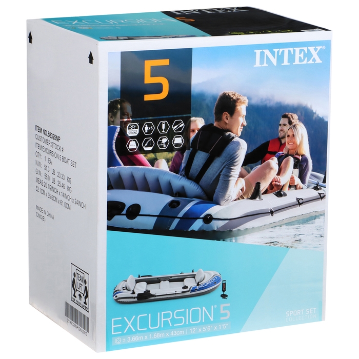 Лодка надувная Excursion 5, 5-местная, 366 х 168 х 43 см, вёсла алюминиевые, насос, до 600 кг, 68325NP INTEX Лодка надувная Excursion 5, 5-местная, 366 х 168 х 43 см, вёсла алюминиевые, насос, до 600 кг, 68325NP INTEX