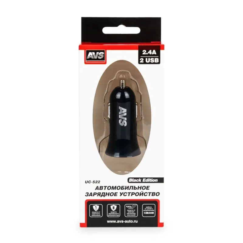USB автомобильное зарядное устройство AVS 2 порта UC-522 (2,4А, черный) (Black Edition)
