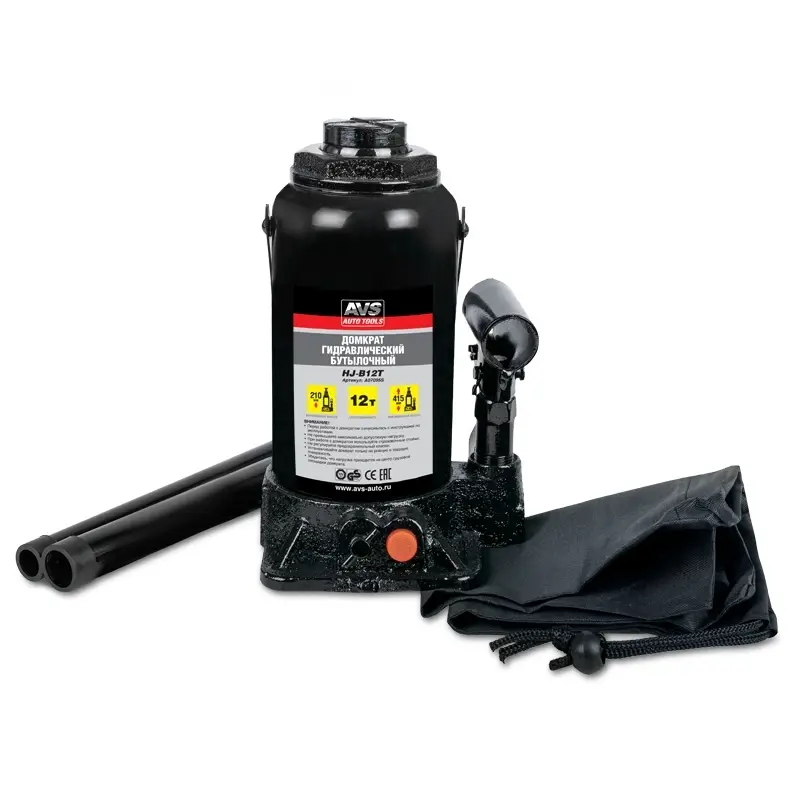 Домкрат гидравлический AVS HJ-B12T, 12т, 210-415мм. с клапаном (сумка, ремкомплект)
