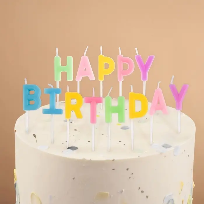 Свеча в торт "Буквы Happy Birthda" нежное ассорти, макарунс, 2*3 + 2 см.