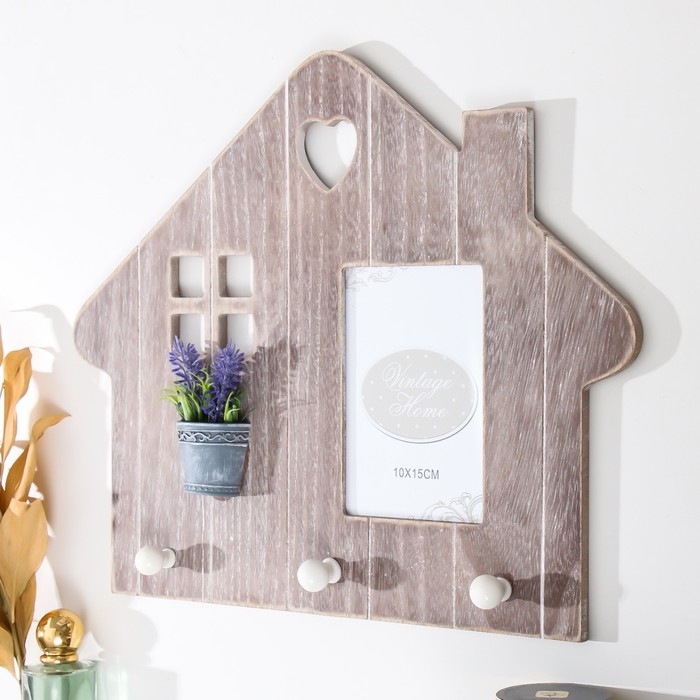 Крючки декоративные дерево+фоторамка 10х15 см Крючки декоративные дерево+фоторамка 10х15 см "Домик с лавандой на окне" 38х0,9х32 см