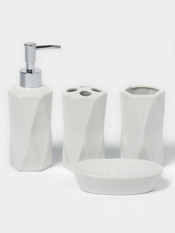 Набор аксессуаров для ванной комнаты Доляна &laquo;Геометрия&raquo;, 4 предмета, дозатор, мыльница, два стакана, белый