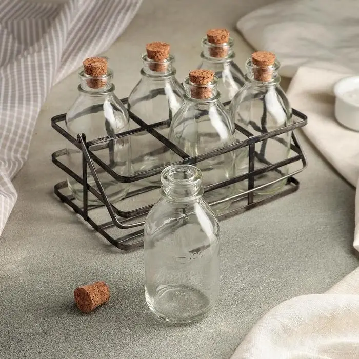 Набор бутылей стеклянных для специй на подставке «Парфе», 170 мл, 18,5×12,5×12 см, 6 шт Набор бутылей стеклянных для специй на подставке «Парфе», 170 мл, 18,5×12,5×12 см, 6 шт