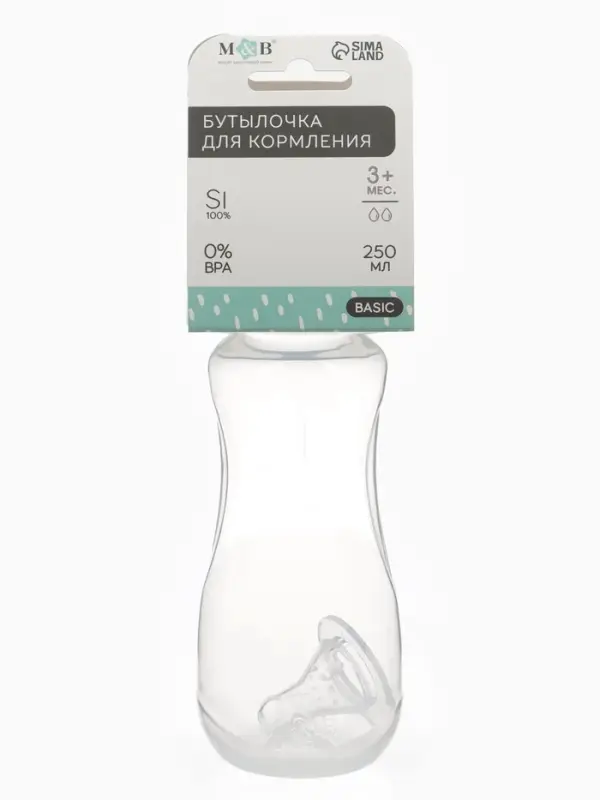 Бутылочка для кормления M&B, классическое горло, от 3 мес., 250 мл., приталенная, белый