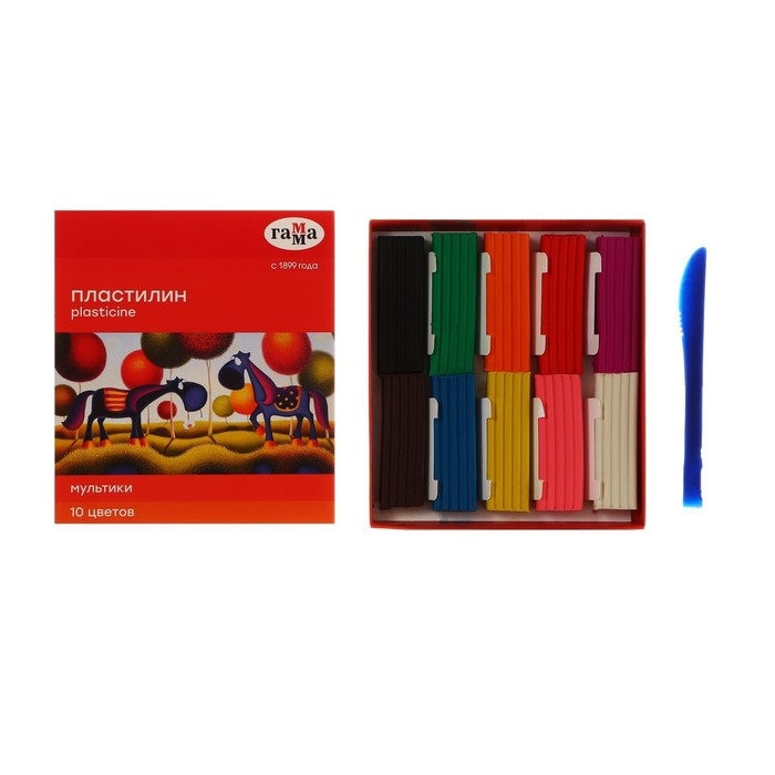 Пластилин 10 цветов 200 г, Гамма  Пластилин 10 цветов 200 г, Гамма "Мультики", со стеком, картонная упаковка 280017