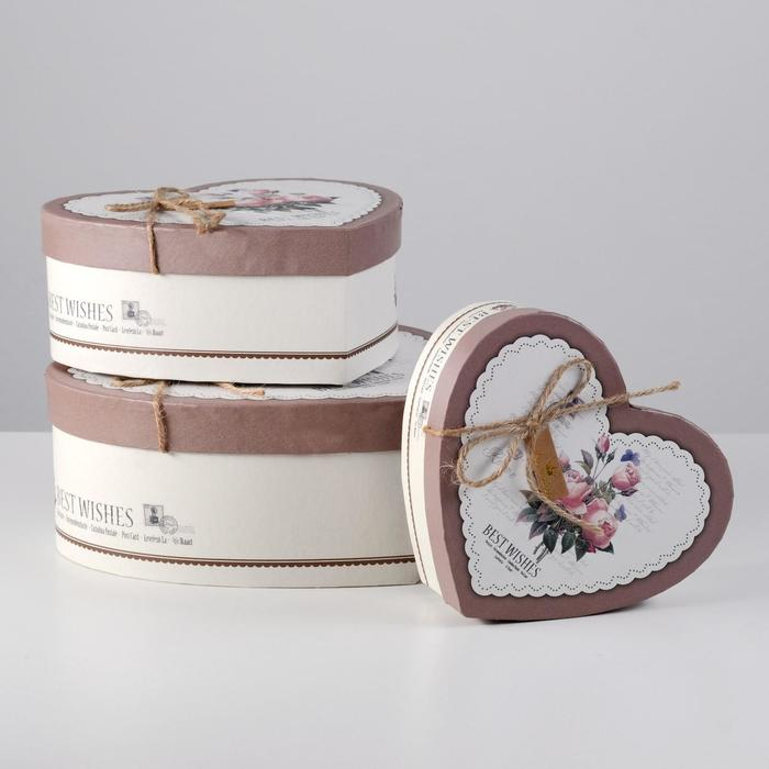 Набор коробок 3 в 1 сердца  Набор коробок 3 в 1 сердца "Пионы" коричневый, 21 х 19 х 9 - 15.5 х 14 х 6 см